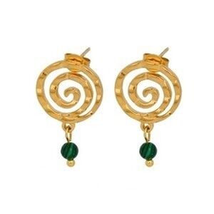 18K Gold Plated Stainless Steel Spiral Drop Earrings Green Malachite Bead 27mm